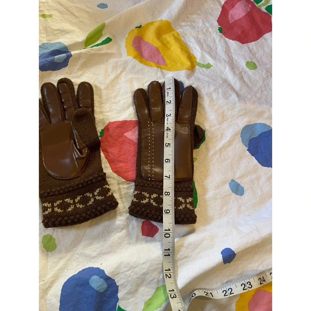 Vintage Womens Brown faux‎ Leather Knit Cuff Gloves Cozy Winter